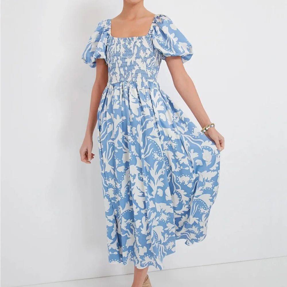 MOON RIVER Women's U Neck Puff Sleeve Shirred Tiered Midi Dress m